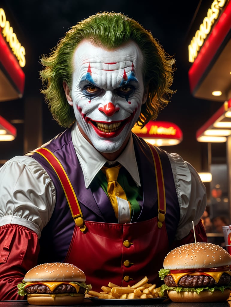 Joker as Ronald McDonald serving burgers at McDonalds