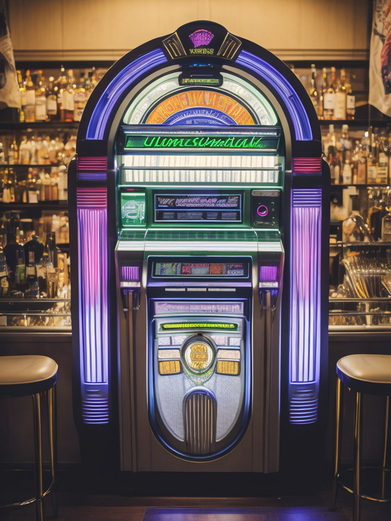 Retro jukebox in a bar, sharp focus, highly detailed,