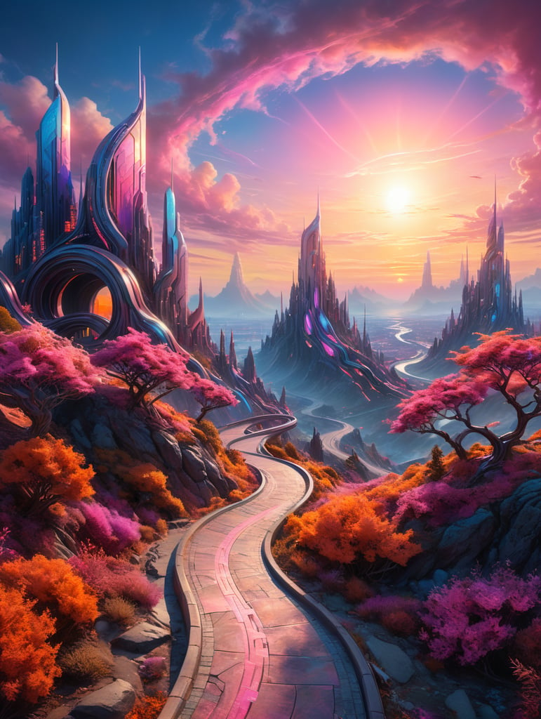 Single bending winding path through colorful pastel futuristic dreamlike cityscape. Orange, pink and violet vegetation. Pink and blue bright sun sky.