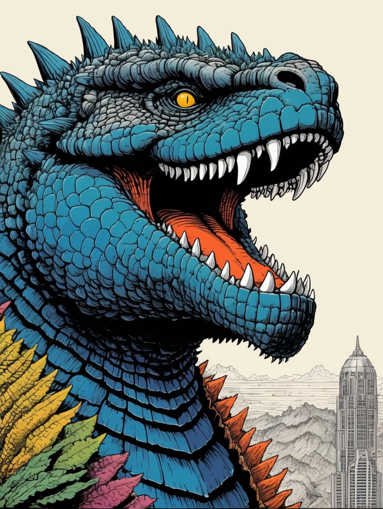 Detailed pen and ink illustration of a godzilla, head only, detailed anthropology, minimalist background, by herge, in the style of tin-tin comics, colorful, detailed, high quality