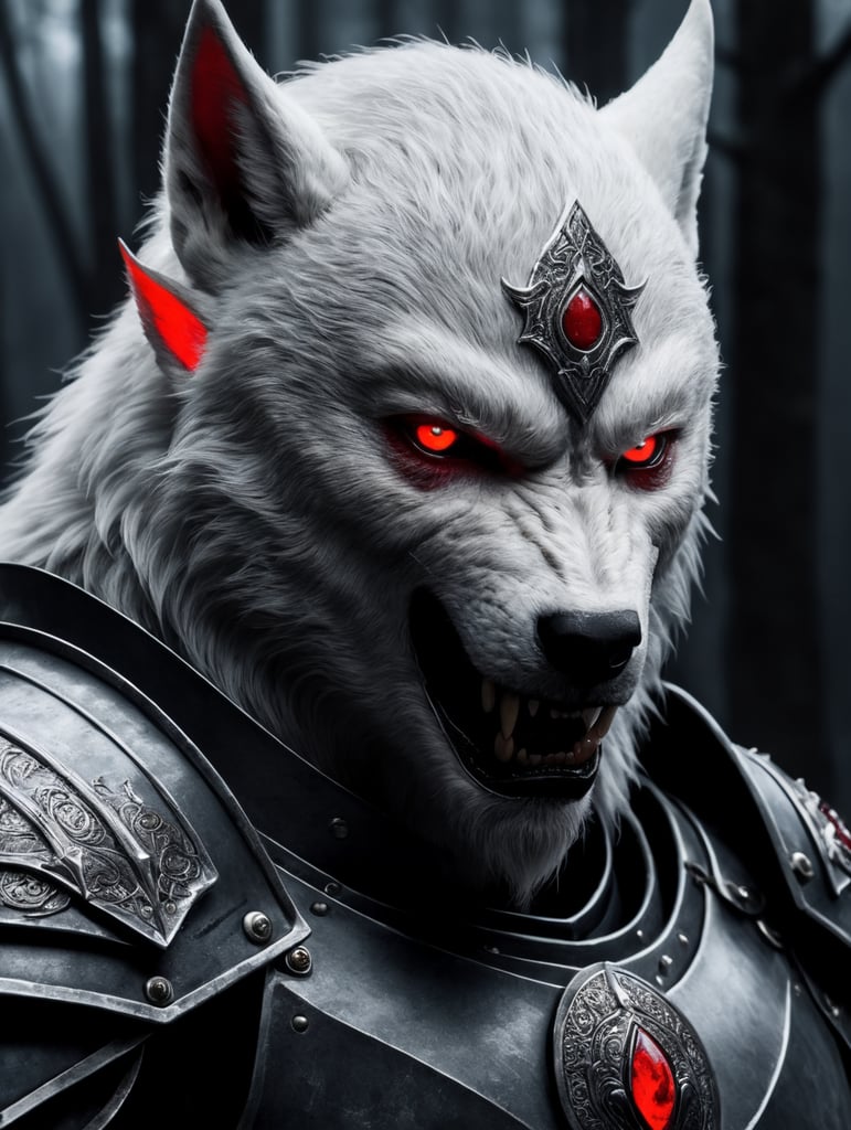 White werewolf elf assassin wearing armor with glowing red eyes