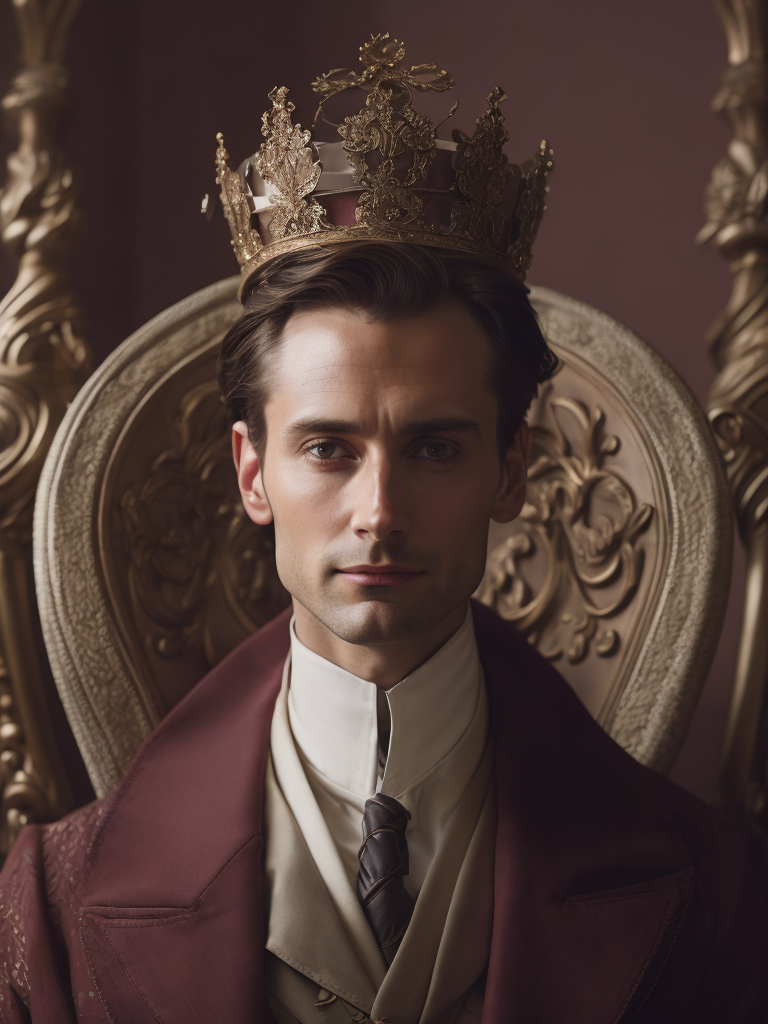 Oil portrait of miles edgeworth, intricate, elegant, highly detailed, lighting, painting, artstation, smooth, illustration, art by greg rutowski and alphonse mucha, david tennant king, david tennant with a crown sits on a throne, france, 1952 year