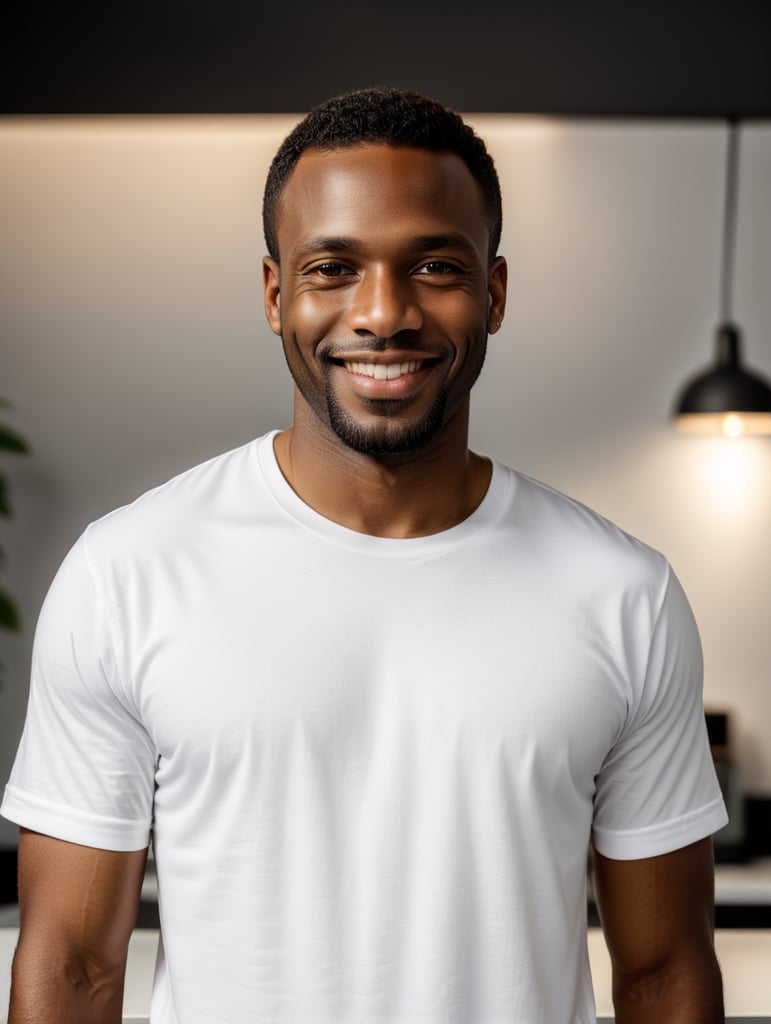 a black African man wearing white t-shirts, standing in front of black background, blank shirt no print, smiling, photo for apparel mock-up