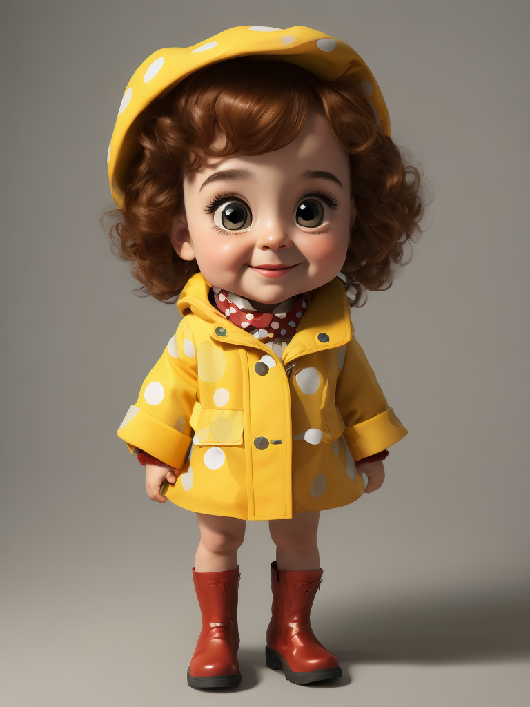a little beautiful girl, Big Eyes, Button Nose, Small Mouth, Rosy Cheeks, Short Curly Hair, Polka Dot Dress, Yellow Raincoat and Boots, stands in the center, in 3D style, rendered using beautiful Disney animation, Pixar style, Disney style,