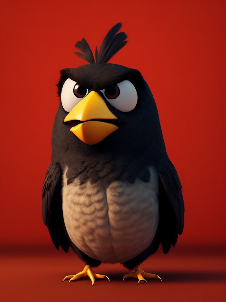 angry birds black bird on red background, standing centered in 3D style, rendered using beautiful Disney animation, Pixar style, Disney style, 3D style