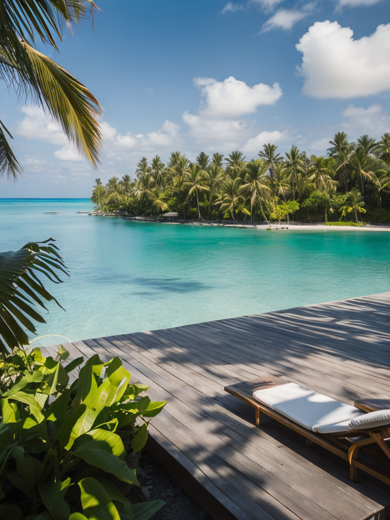 Over water villa in the maledives with the sun shining and some palms, Vibrant and rich colors, blue skies and azure oceans, photorealistic, contrast light, deep colors, Incredibly high detailed