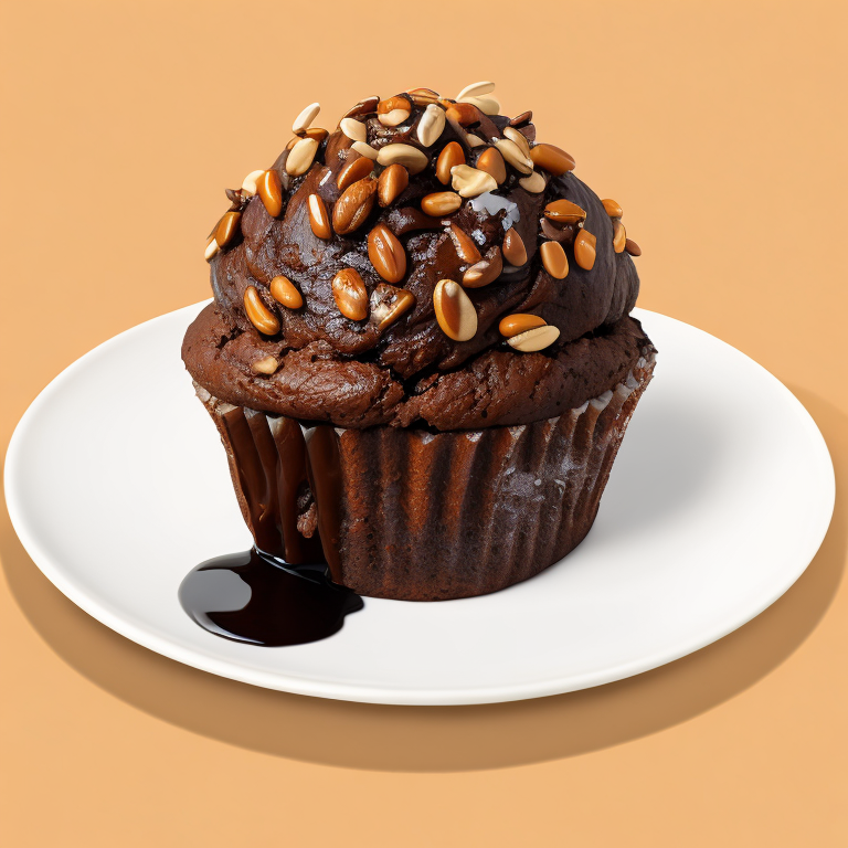 chocolate muffin with nuts on a plate, focus on details, high quality photo