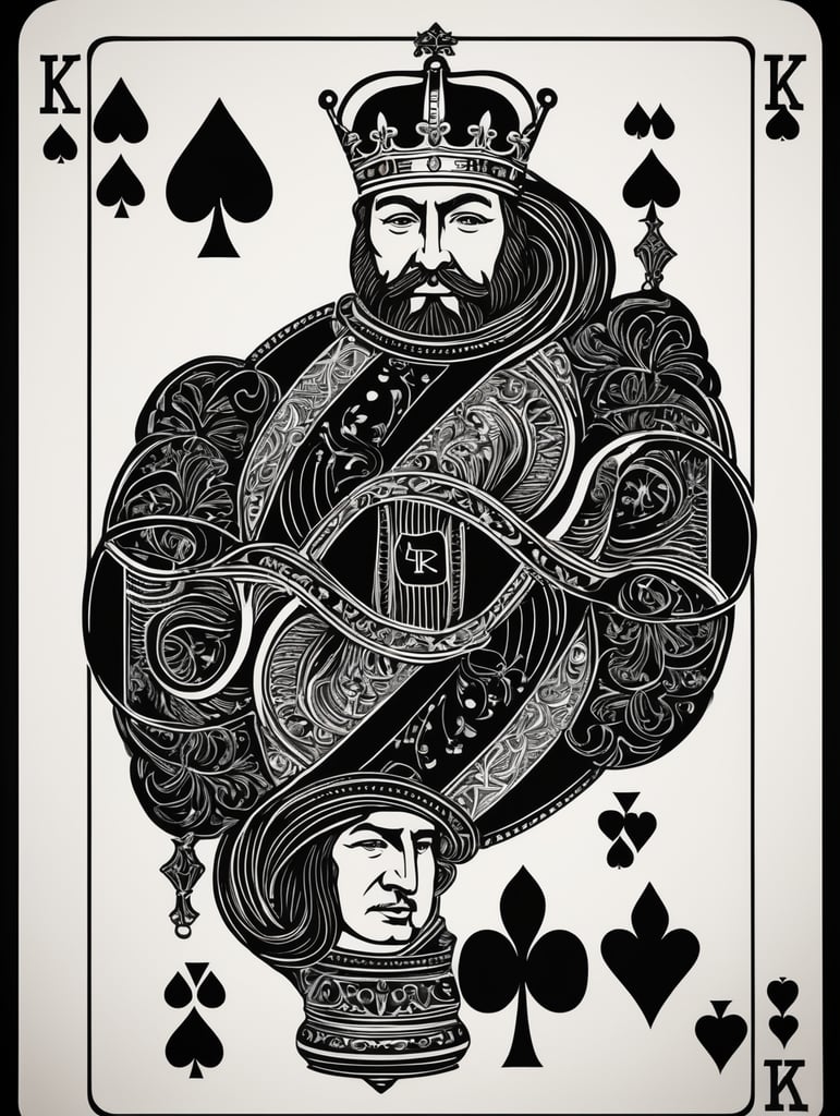 king of clubs playing card, face card, linocut art style, black ink, ultra realism, super detailed, professional shot, bold saturated colors, sharp focus, highly detailed