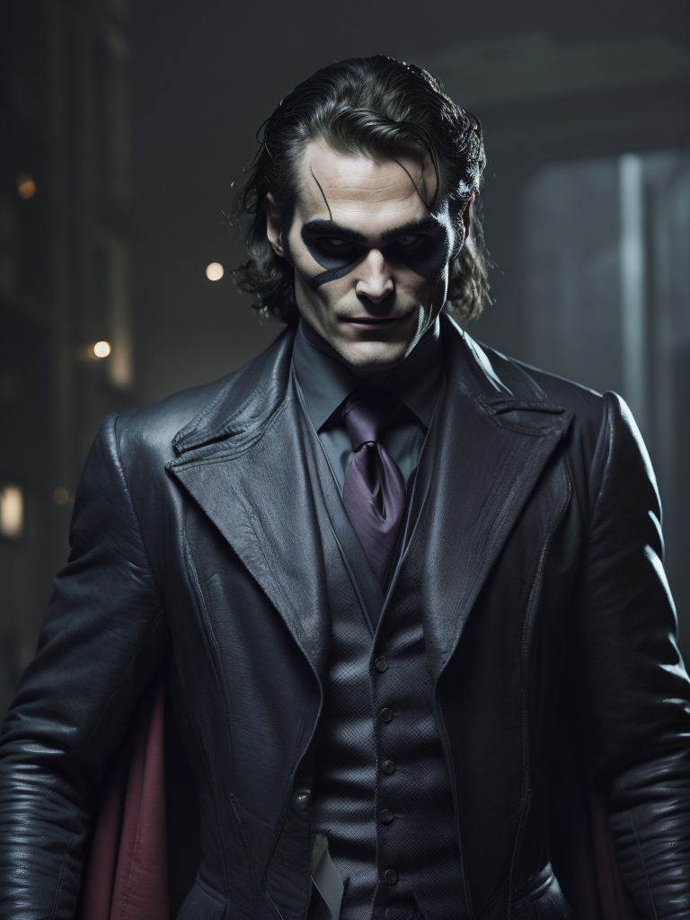Joaquin Phoenix as Bruce Wayne in Batsuit in Batman Game in Joker Makeup, Full Body