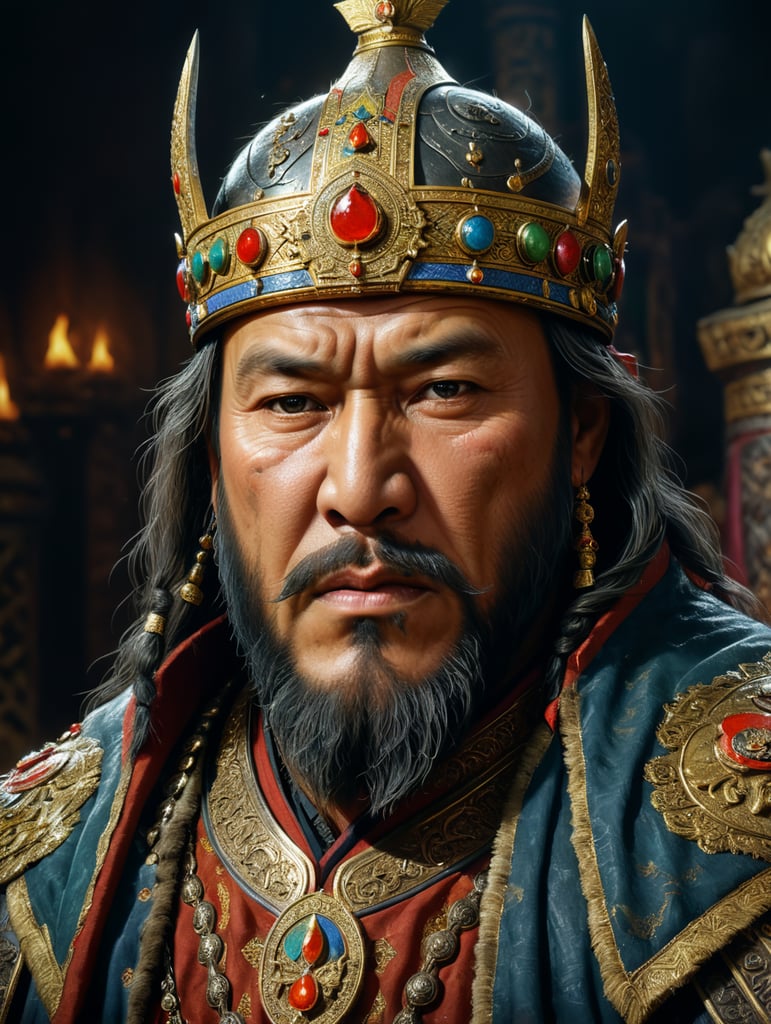 A realistic portrait of Gengis Khan with all of his described feactures in total accuracy