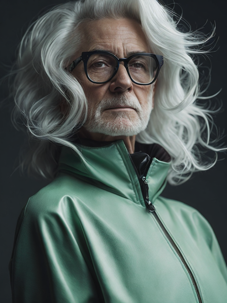 a gnome from fairytale supermodel 76 years old wearing a neon green helmet dressed in athletic clothing and glasses, in the style of futuristic glam, retro futurism, neon green clothing, glasses without color, clear glass, long white hair, teal background, mike campau, anton fadeev, high gloss, mono-ha