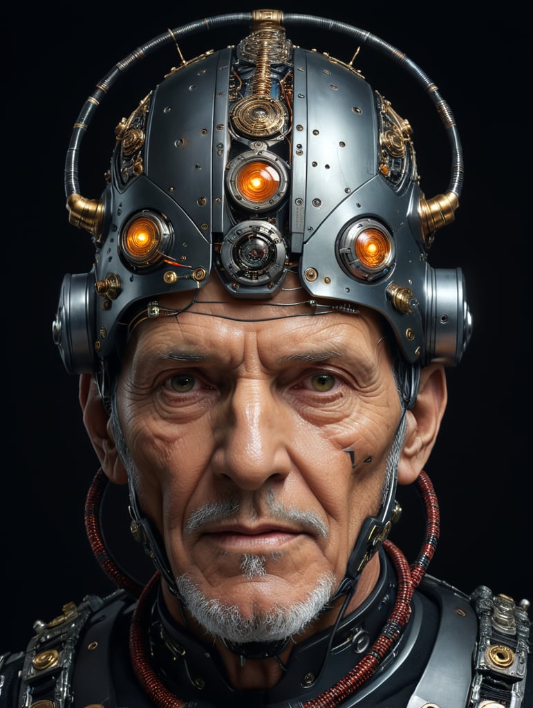 The image features a 100 years very old man with a unique appearance, wearing a headpiece that resembles a robot or a cyborg. The headpiece is made of metal and has various wires and cables attached to it, giving the man a futuristic and mechanical look. The man's face shows his age and is also covered in scars, adding to the overall intriguing and unusual appearance. The scene appears to be set in a dark environment, further emphasizing the mysterious and captivating nature of the man's appearance.