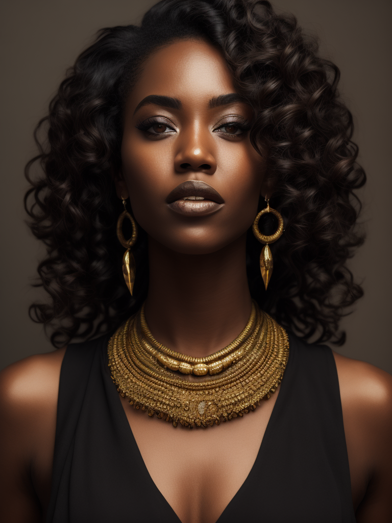 A photo of a beautiful black woman with black curly hair, big earrings, dreamy, nostalgic, fashion editorial, studio photography, magazine photography, earth tones