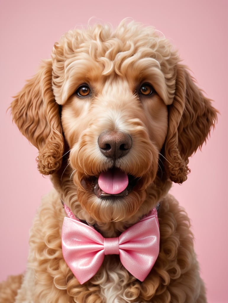 Image of a realistic golden doodle with details in the curls of its hair. The dog should be sitting facing the camera blowing a pink bubblegum bubble from its lips with a pink bow on its head