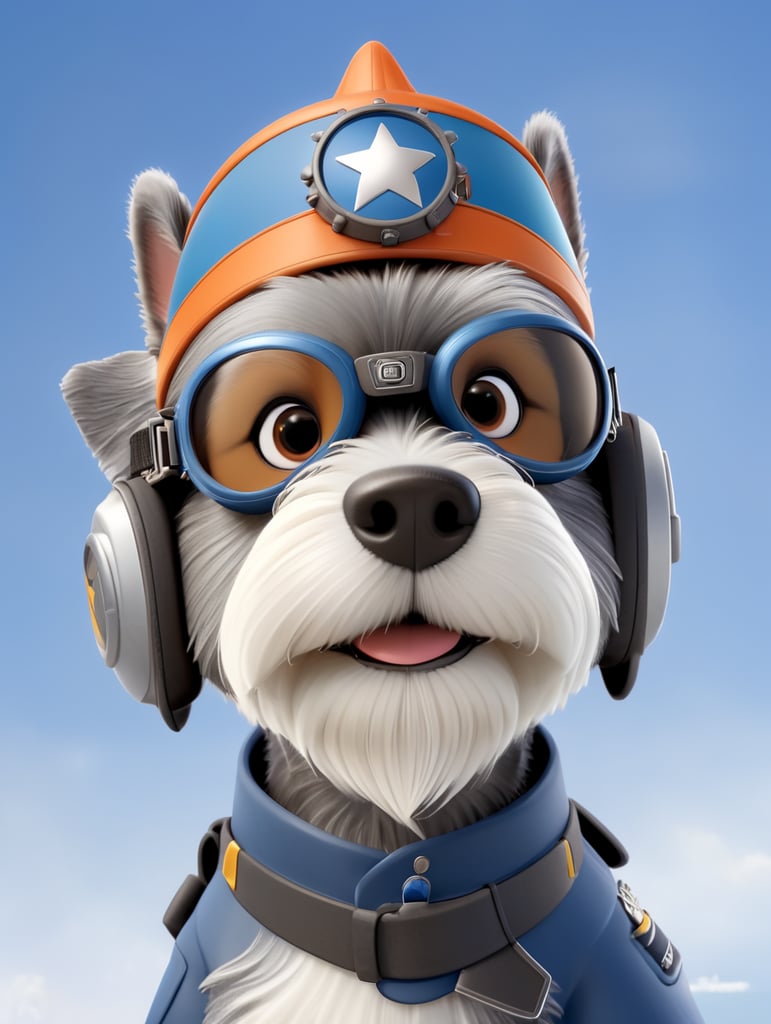 schnauzer dog with pilot goggles and a hat.