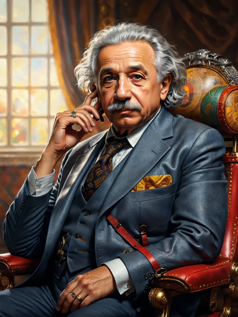 centered seated view Portrait of Albert Einstein, wearing a trage, with print, louis vuitton, bright, saturated colors, highly detailed, sharp focus, bright expressive, dramatic lighting, depth of field, incredibly high detail, on a white background