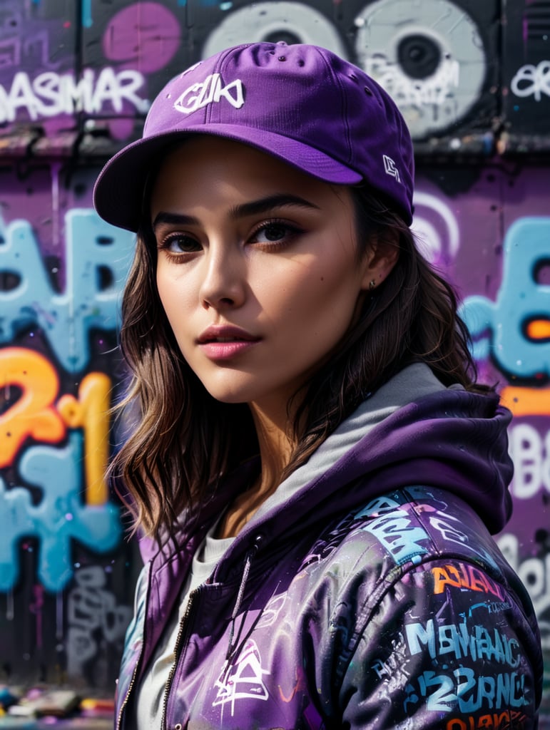 Olivia Culpo in a jacket and hat standing in front of a graffiti wall, in a purple hoodie, graffiti in the background