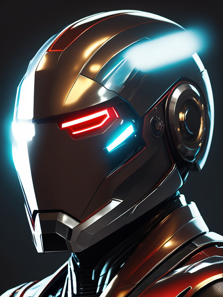 Chrome Ironman, Daft Punk style, laser light, neon, smoky