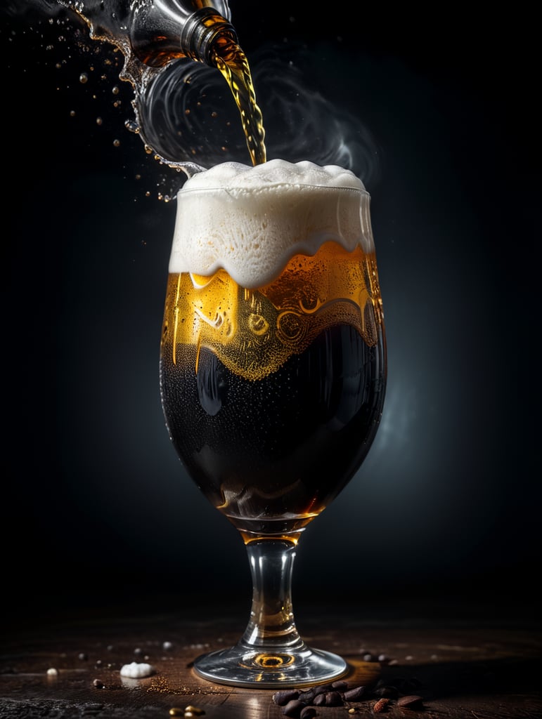 professional photo of a black beer glass, Beer foam coming out of a glass, isolated, black background