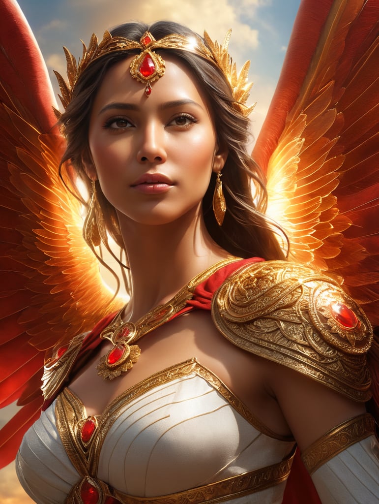 woman Angel of love flying in the sky, full body view, hyper realistic, red gold colours, magic style. positive vives, energy blast in background, light in the sky, sun, bright, glorious, marvellous, epic, heroic, very detailed latin american human face, perfect face looking to the front, Peruvian machu pichu mountains, correct face, perfect eyes, hyper realistic skin