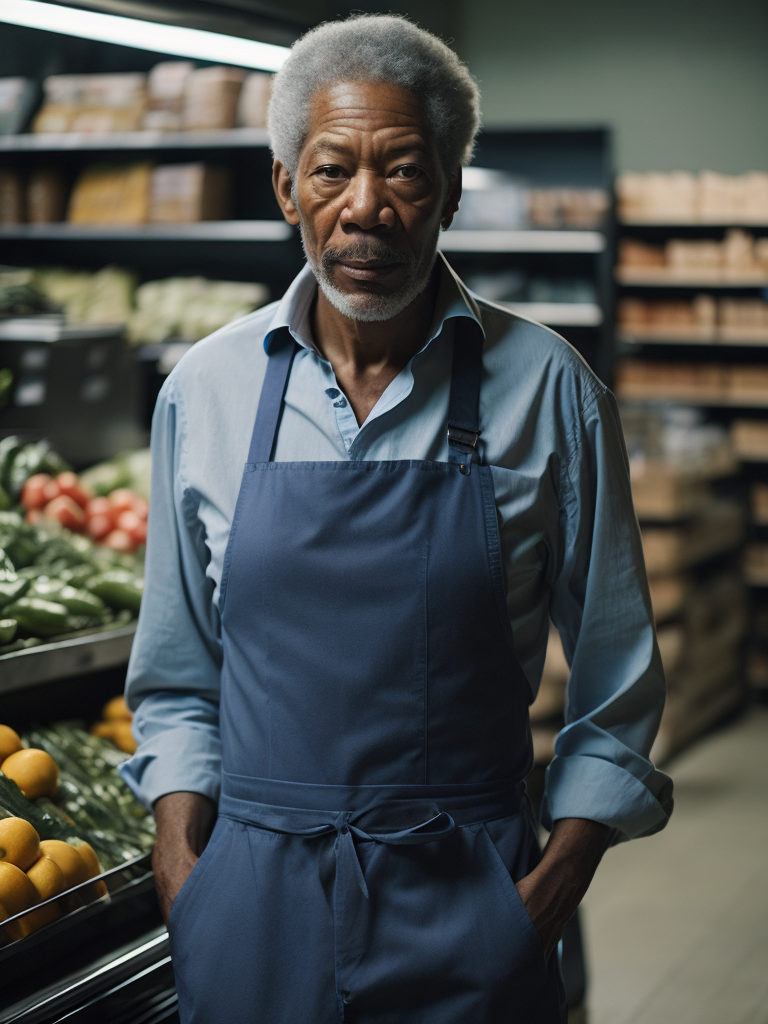 portrait of Morgan Freeman as a cashier, wearing a blue apron, in a grocery store