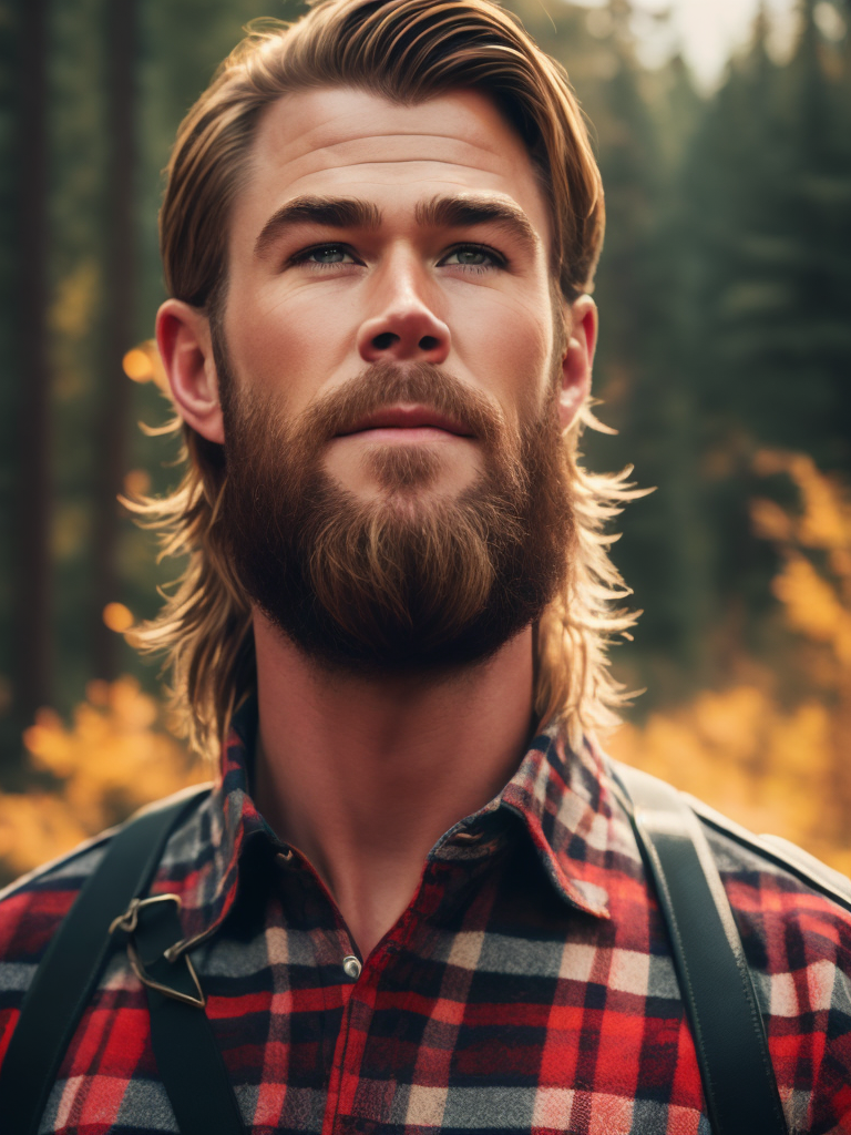 Portrait of Chris Hemsworth as a Canadian lumberjack, with a large beard and a plaid shirt, against the backdrop of a dense forest, bright saturated colors, Contrasting cinematic light