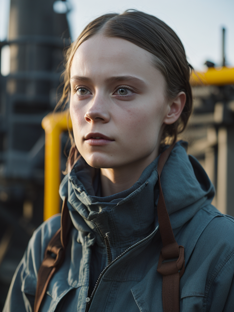 greta thunberg As oil rig worker, realistic, high detail