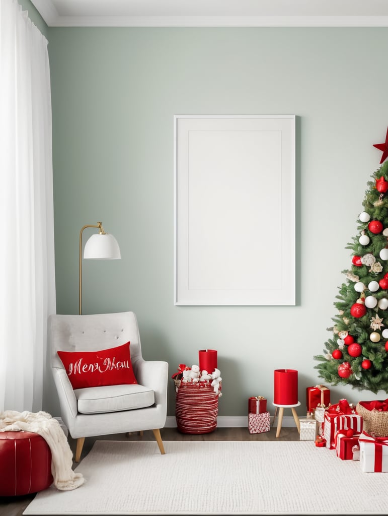 vertical frame wall mockup, white nursery with christmas decorations in red, white, green, and christmas lights