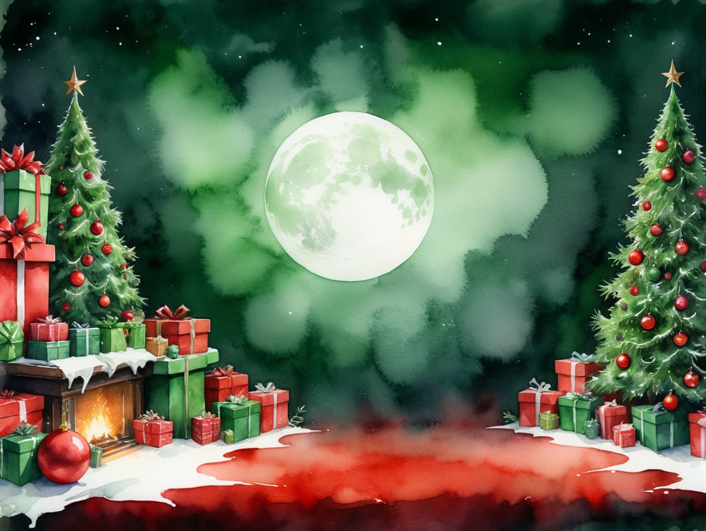 watercolor red and green christmas background with lots of white space