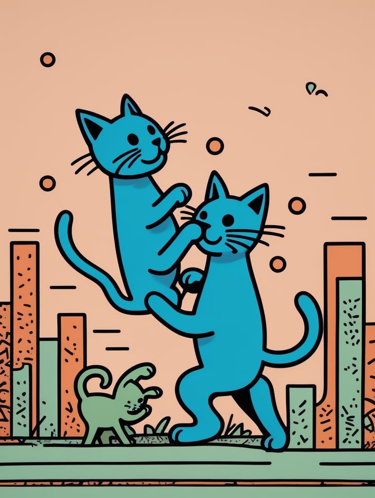 Simple figural illustration of a two kittens playing, solid color background, Keith Haring style graffiti, sharp illustrations, bold lines and solid colors, simple details, minimalism