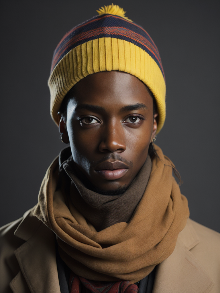 an african model wearing a brown beanie and a colorful scarf with "junk" written on it