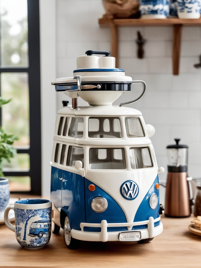 a vintage coffee maker shaped like a blue and white volkswagen kombi, grain grinder on top, coffe mug, kitchen, realistic