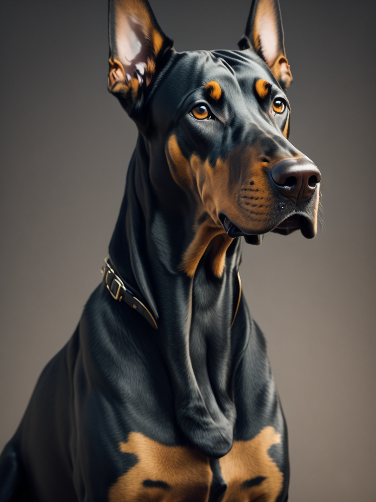 intimidating Doberman dog sitting on hind legs and looking directly at the camera