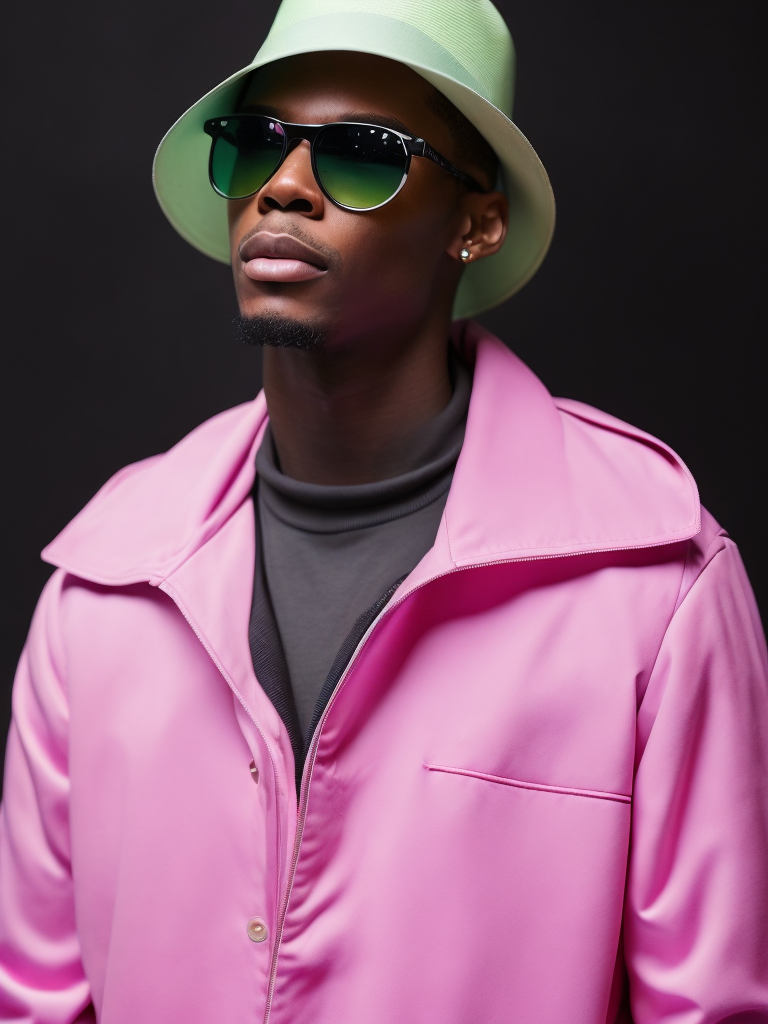 Black male fashion model, Wearing a pink jacket and a green panama hat, large black sunglasses, Black background, Bright and rich colors, bright saturated color, sharp focus,