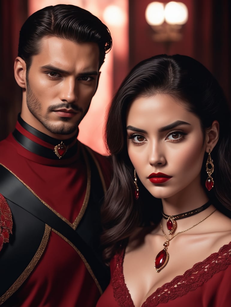 two lovers, in the style of frank thorne, romantically aesthetic, male and female models, dark academia vibes, dark background, intimate, she looks into the camera, he looks at her, she's wearing a choker around her neck and has on a red dress, he is handsome and mysterious, both have dark hair, close up