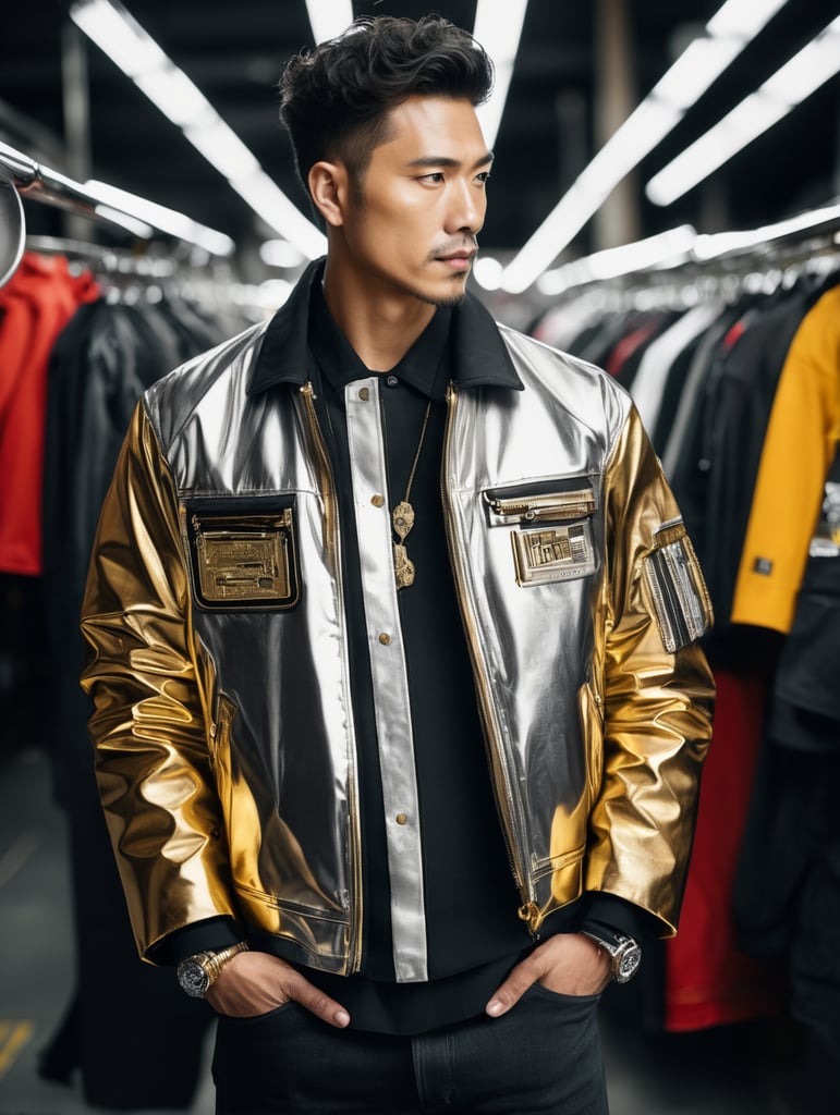 Jacket, futurist, mechanic, gold, silver, shot on leica, fashion portrait, by kith