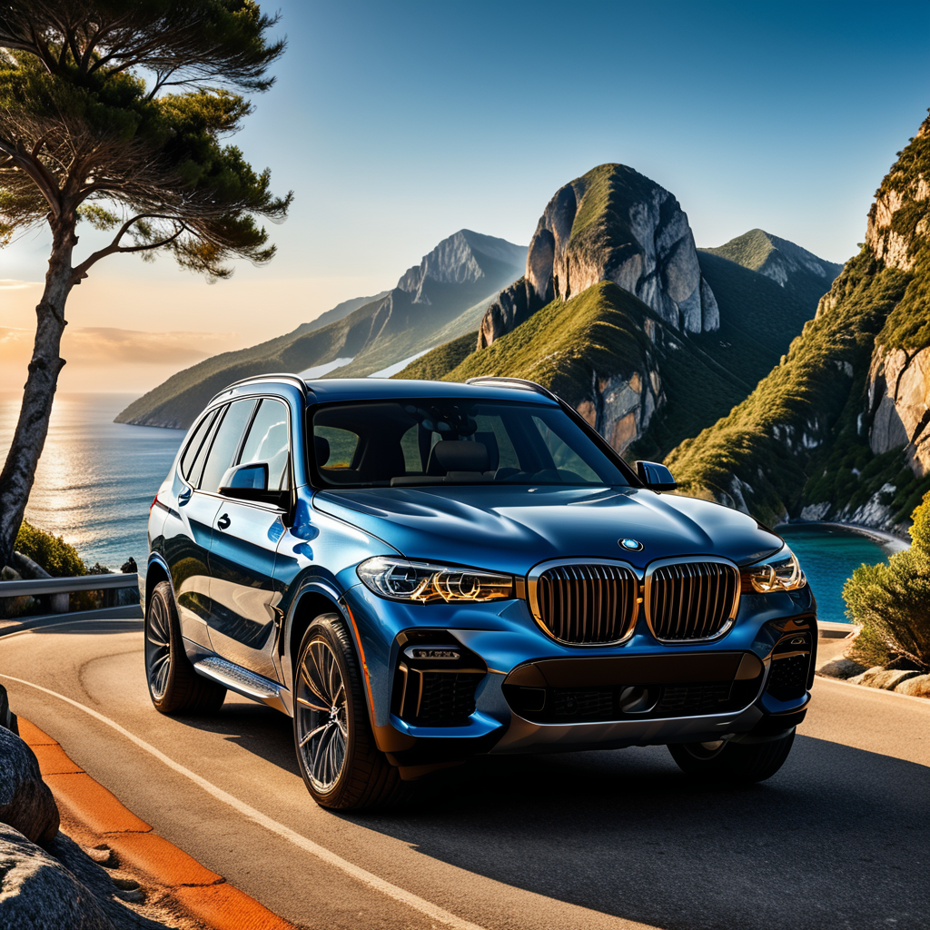 A beautiful BMW SUV standing on the mountain road, blue sea in the background of car, highly detailed car, highly detailed matt finish colour, highly detailed Alloy Wheels, Orange road, ultra realistic, photorealistic, 32k.