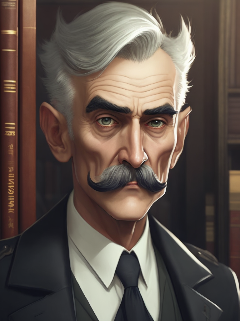 Lovecraftian portrait of a 1920s police detective, gray haired english moustache, bookshelves wide shot, artstation, concept art, illustration, ilya kuvshinov, vintage
