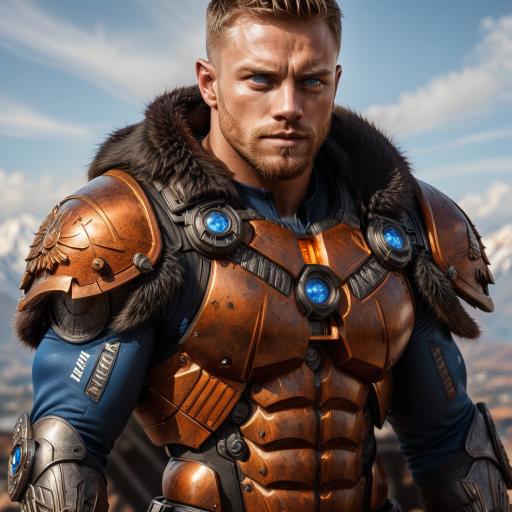 Me as an Scandinavian light skin, sparking blue eyes warrior combined with muscle body, mafia suit on and guns with the orange-red background or landscape