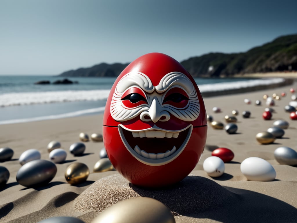 Japanese happy very small daruma figure as an red and white dominated egg with gold. Situated on a beach close to the sea. Left eye has no pupil