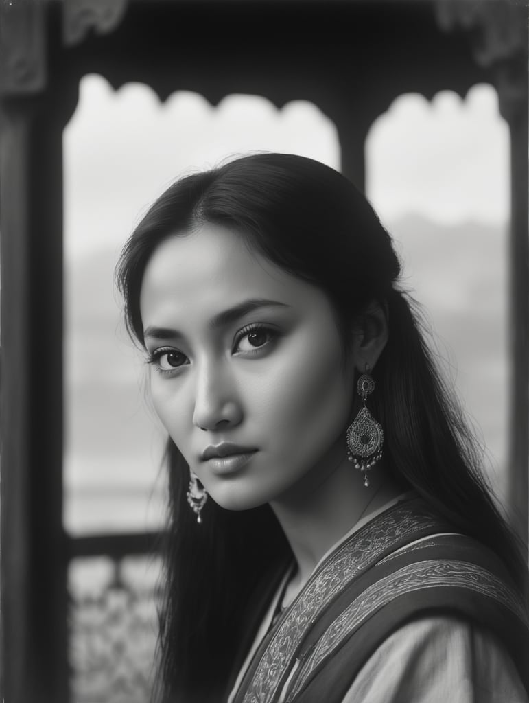 Central Asian woman posing, 30s, Kodak Tri-X 400 black and white, atmospheric impressionism, dark romantic realism, pre-Raphaelite realism, grainy, soft edges and blurred details, captures raw emotion, style of anime aesthetic, dark emerald and light amber, soft edges, distinct facial features, iso 800, photo realistic, 32 k