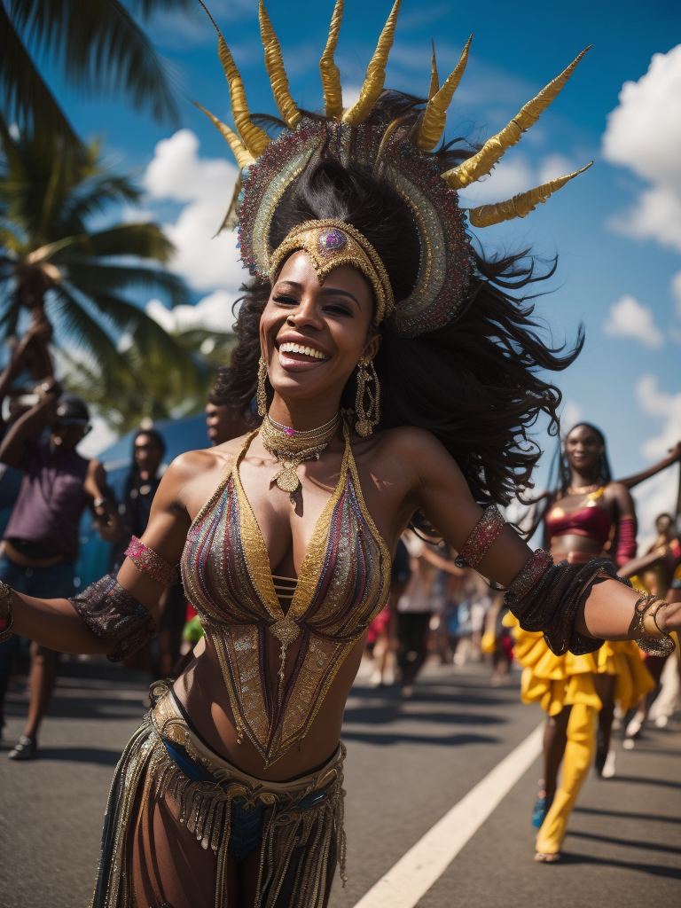 Full body of woman who is dancing in a caribbean carnival parade in the middle of the road, full body, smiling, concept art, highly detailed, intricate, sharp focus, digital art