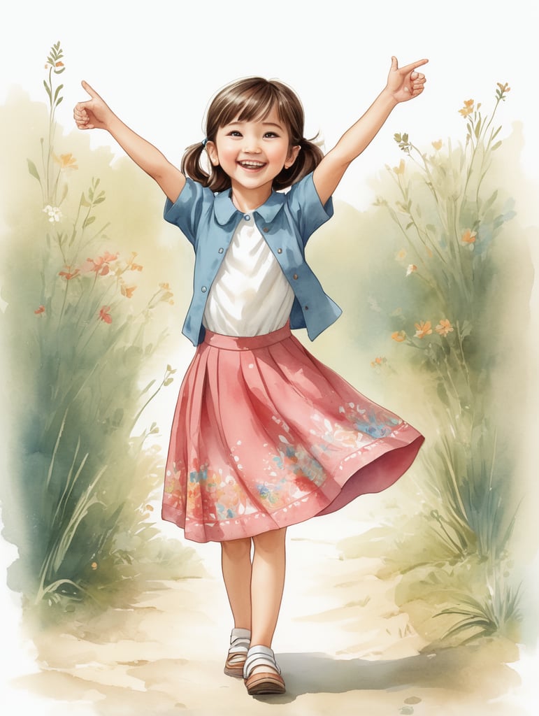 Illustrate the joyous image of a charming young girl seen from behind, happily reaching forward with her hand pointing to the right. The depiction is in an adorable ink sketch style, adorned with cheerful colors. The illustration portrays the full body of a nine-year-old girl with her hands raised on the right side. She is dressed in a skirt and a long-sleeved shirt, enhancing the overall cuteness of the artwork.