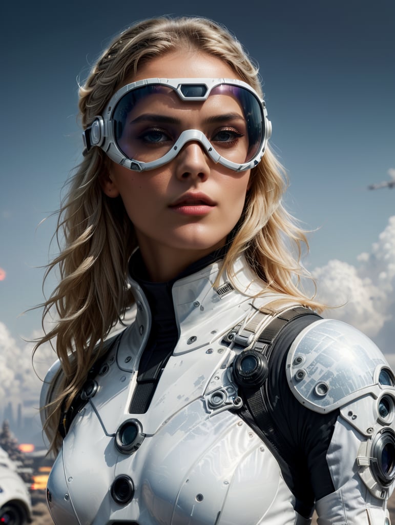 full body beautiful supermodel female model all white wearing futuristic female starwars model and astronaut style goggles in blonde hair looking to the right. No background, 8k, surrealistic