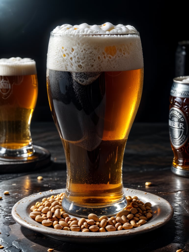 small round stainless steel plate filled with dry peanuts, one gorgeous pint of beer, beer swirl inside glass, one inch of white foam on top, transparent beer, frozen glass, advertisement, highly detailed