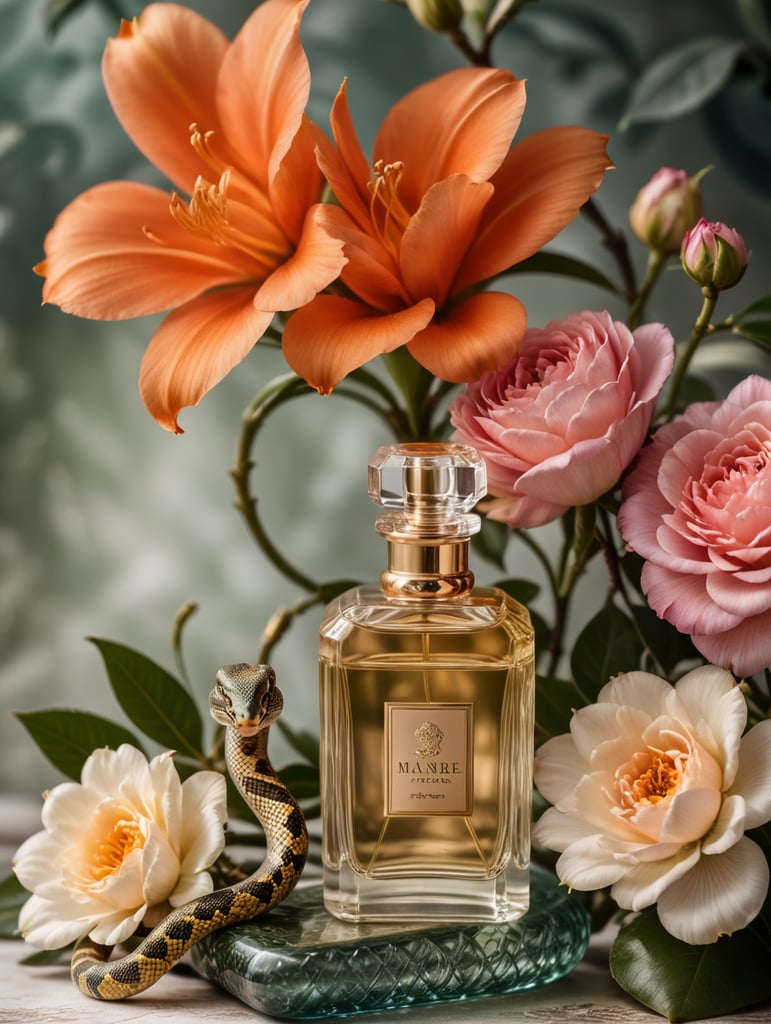 Floral background with perfume bottle with blanc label and snake wrapped around the bottle