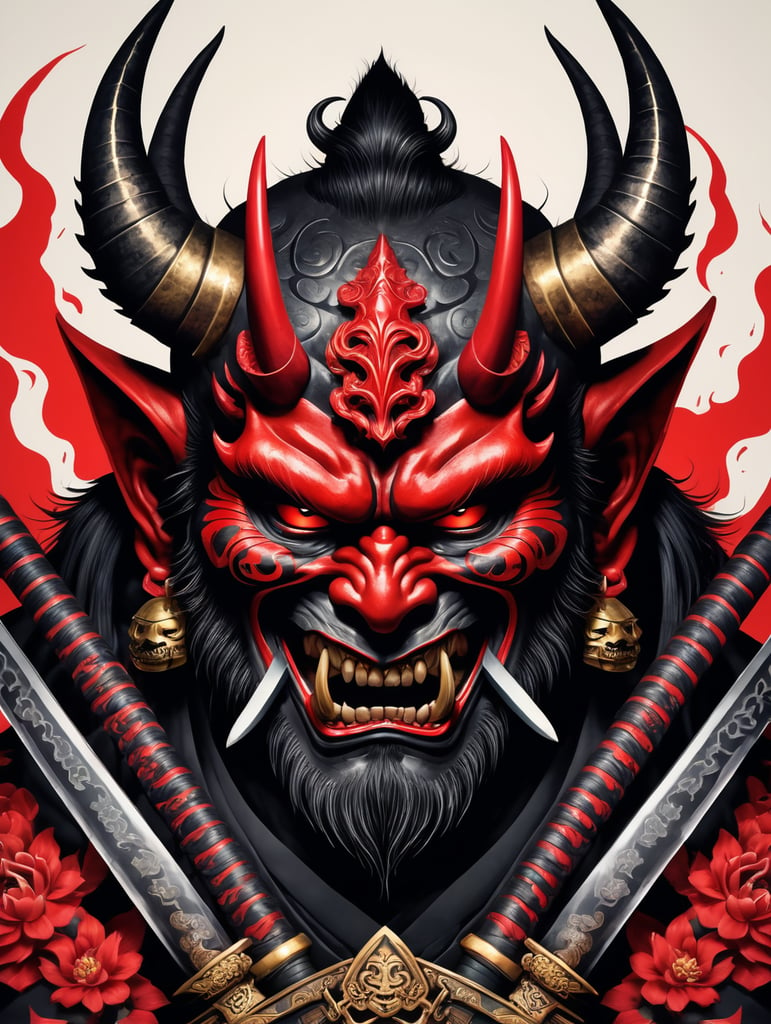 Illustration of a demon with two swords and a skull, demon samurai mask, oni mask, villain wearing a red oni mask, samurai mask, samurai with demon mask, demon samurai, demon samurai warrior, oni horns, inspired by ryūkōsai jokei, japanese art style, inspired by kawanabe kyōsai, mysterious