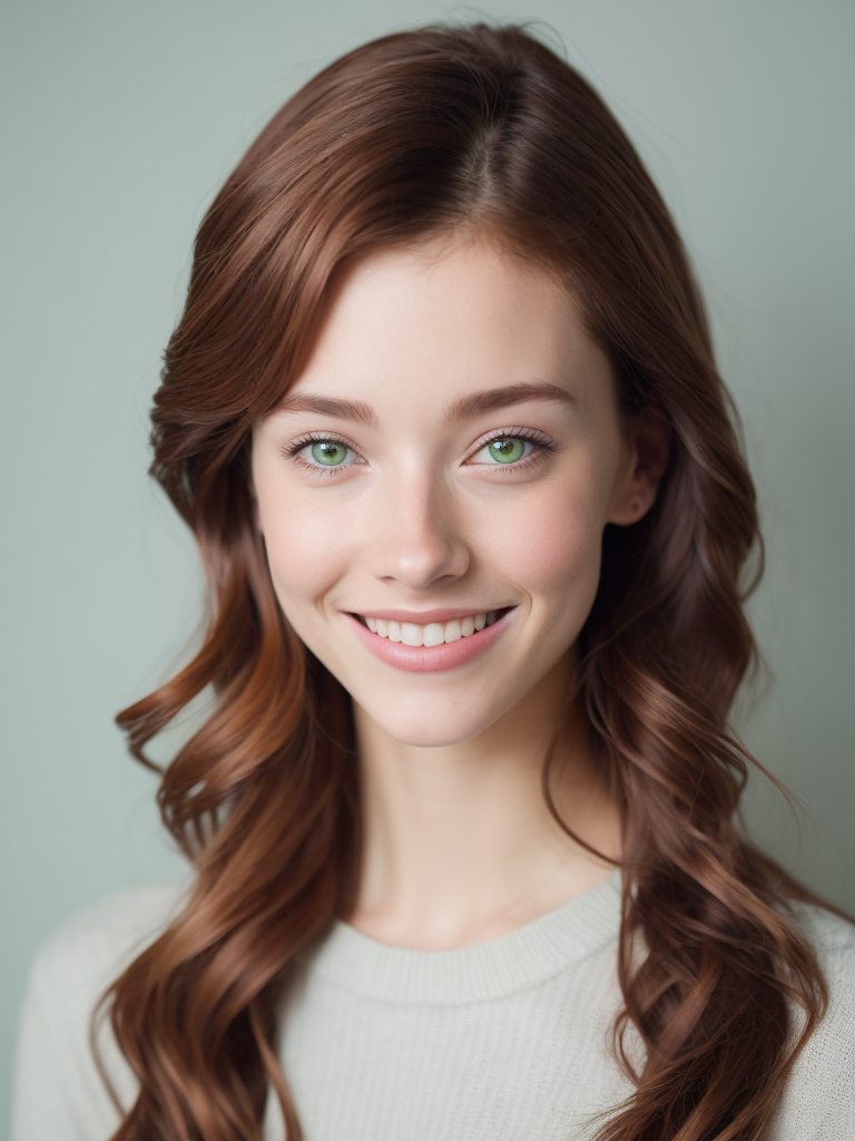 Young woman Approximately 20 years old Reddish brown hair Shorter wavy hair Green eyes Girl-next-door look Smiling Friendly-looking Quiet Understated beauty Nerdy