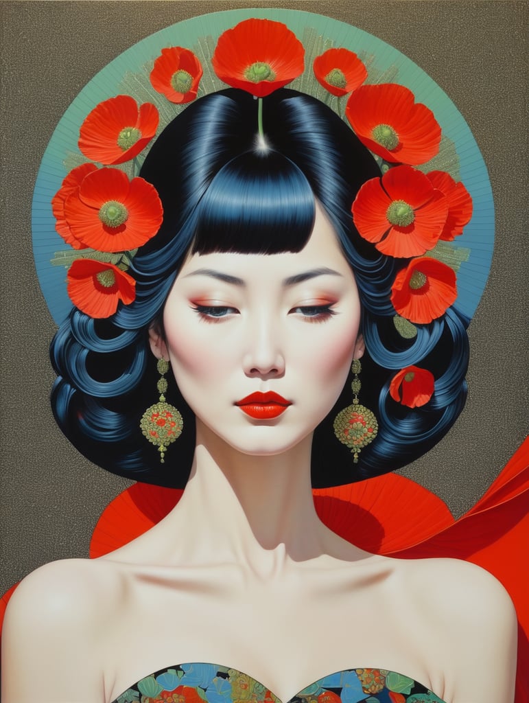 Hiroshi Nagai, ultrafine detailed painting of a woman with a n opium poppy flower in her hair, whimsical, detailed painting