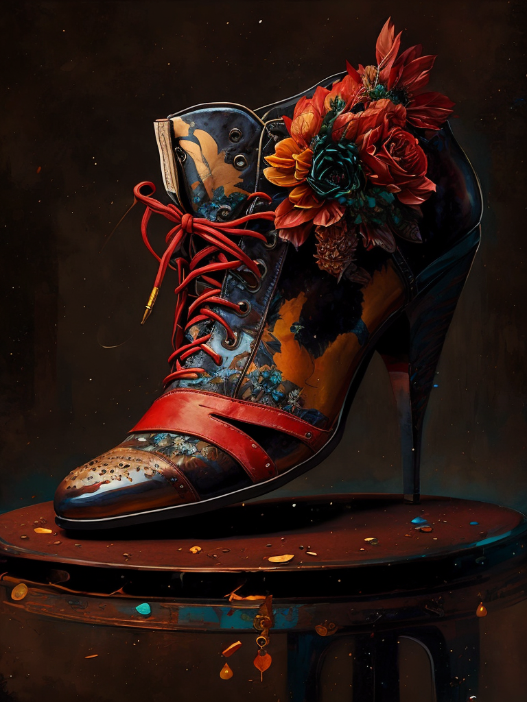 realistic photo of shoes with flowers, deep atmosphere, dark, saturation, vibrance, sharp on details